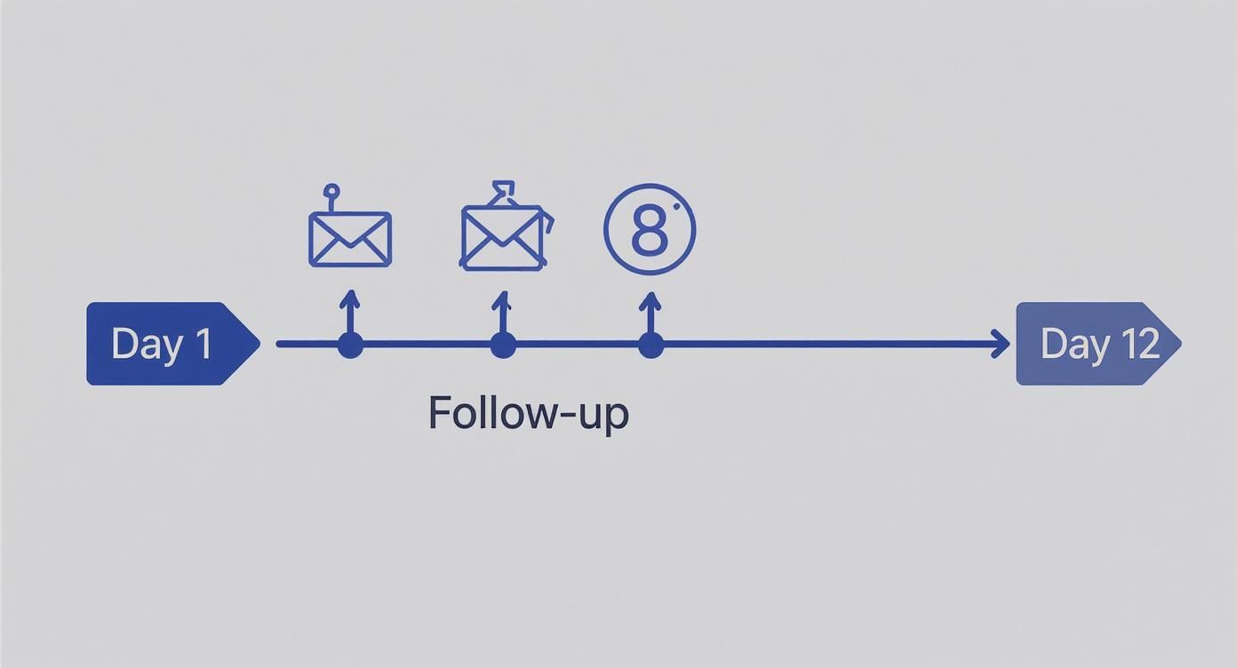 Timeline showing a 12-day follow-up process with three email actions marked.
