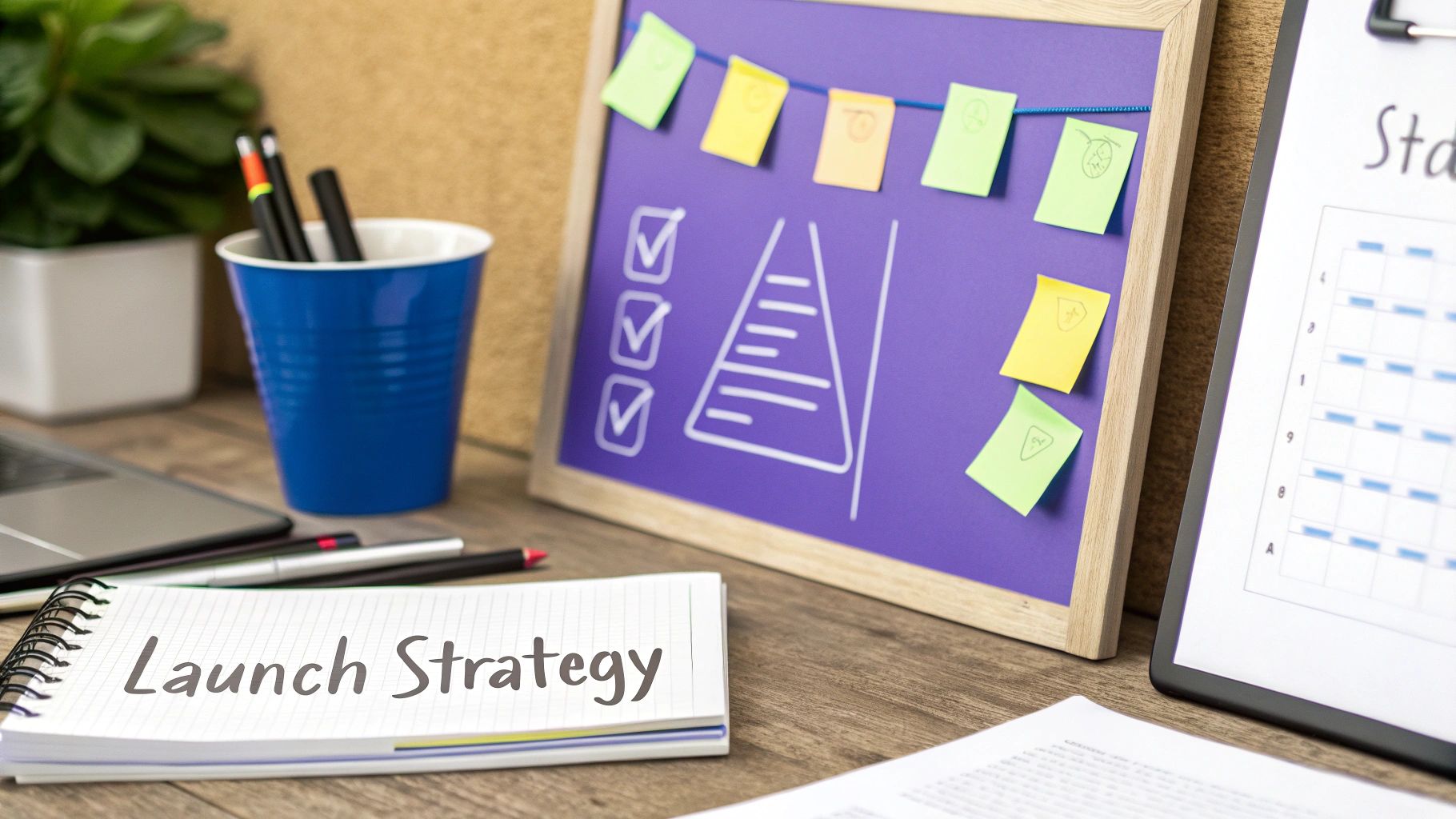 Desk setup showing a notebook with 'Launch Strategy', a purple planning board, pens, and a calendar.
