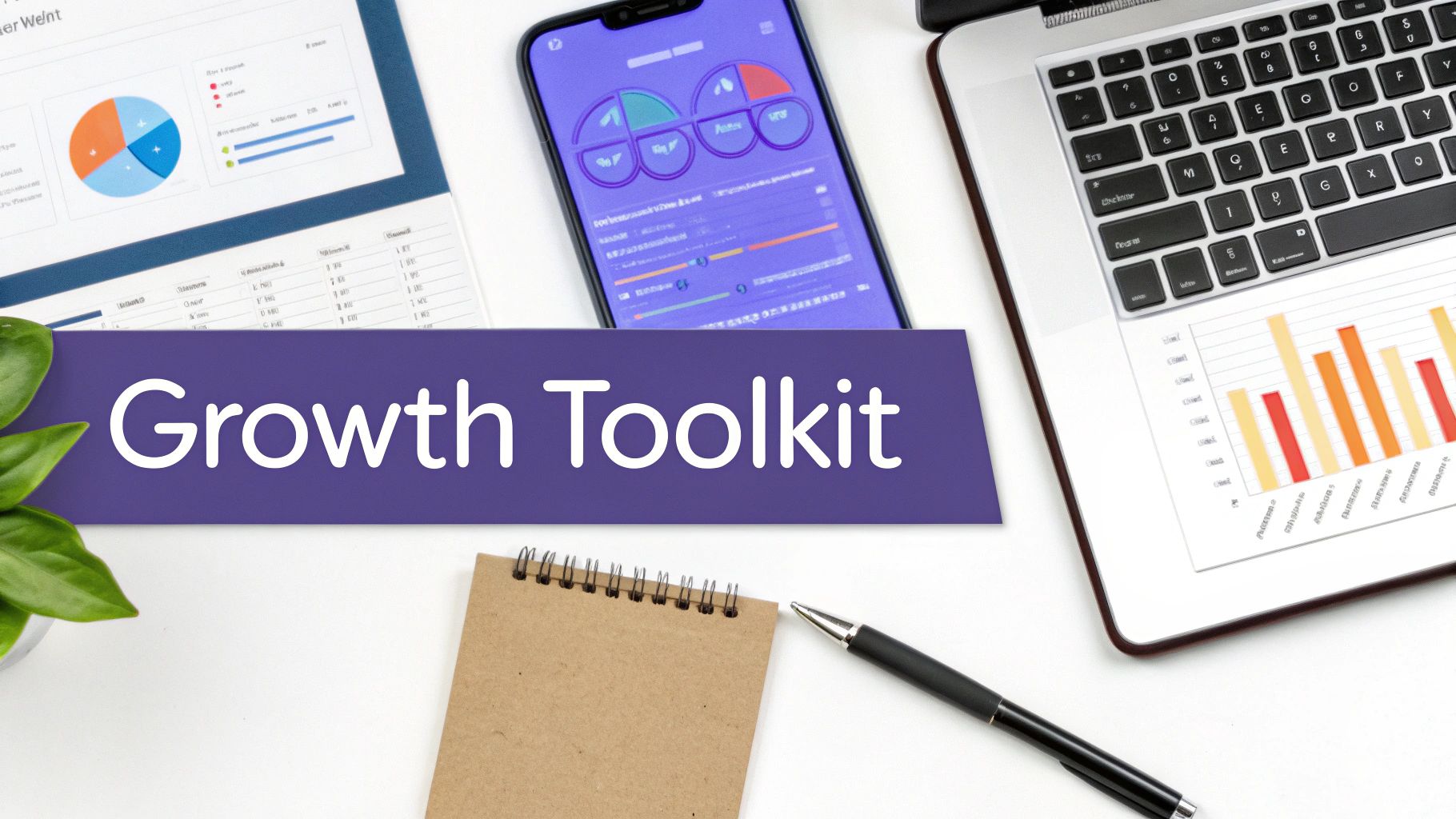 A collection of digital tools and analytics dashboards displayed on various screens, symbolizing a comprehensive growth hacking toolkit.