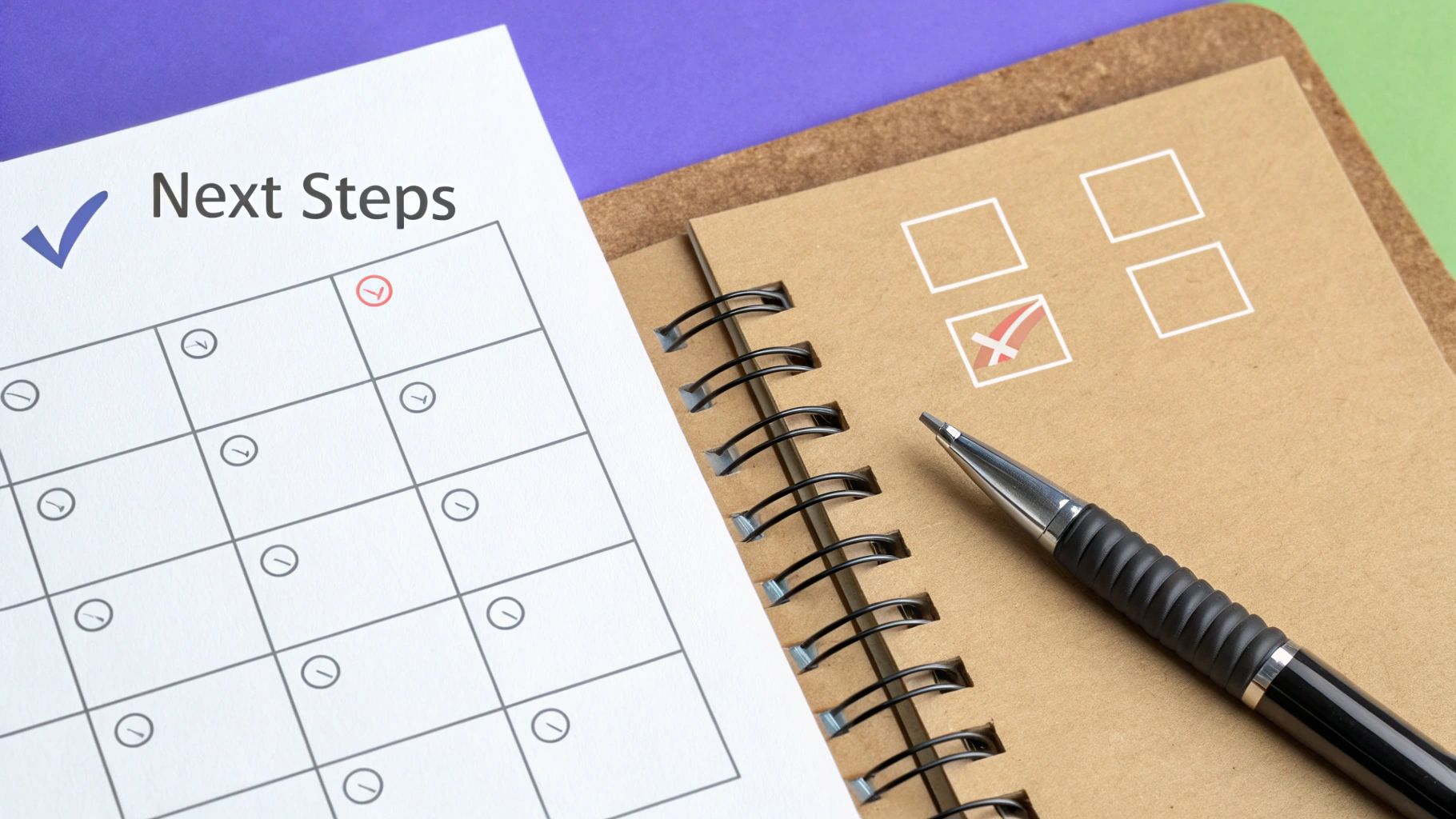 A 'Next Steps' checklist and a notebook with checkboxes and a pen, symbolizing planning and completion.