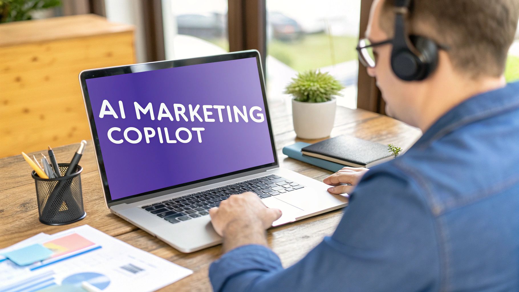 A person working on a laptop with "AI MARKETING COPILOT" displayed, wearing headphones at a desk.