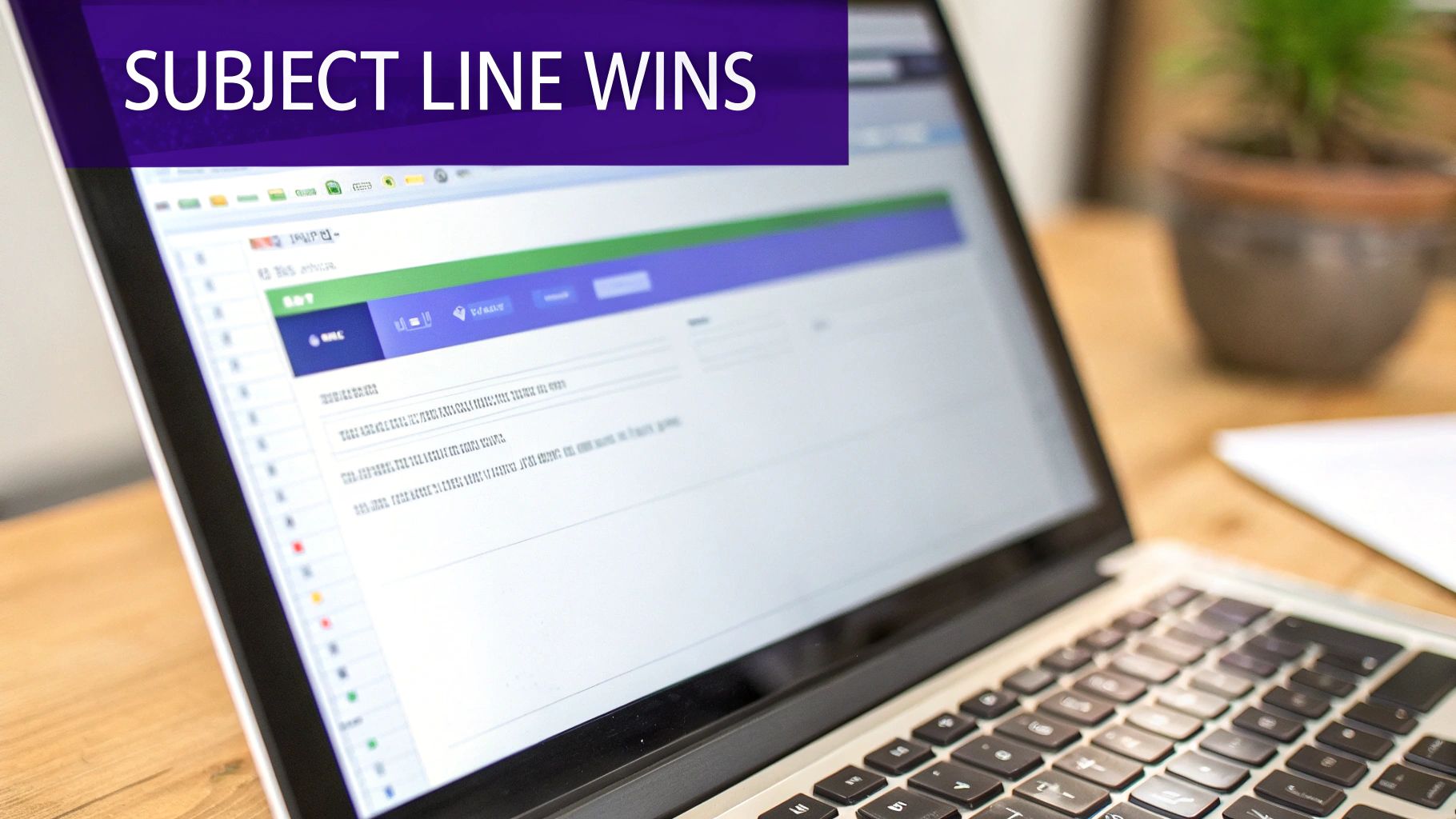 Woman typing on a laptop, crafting a an email subject line