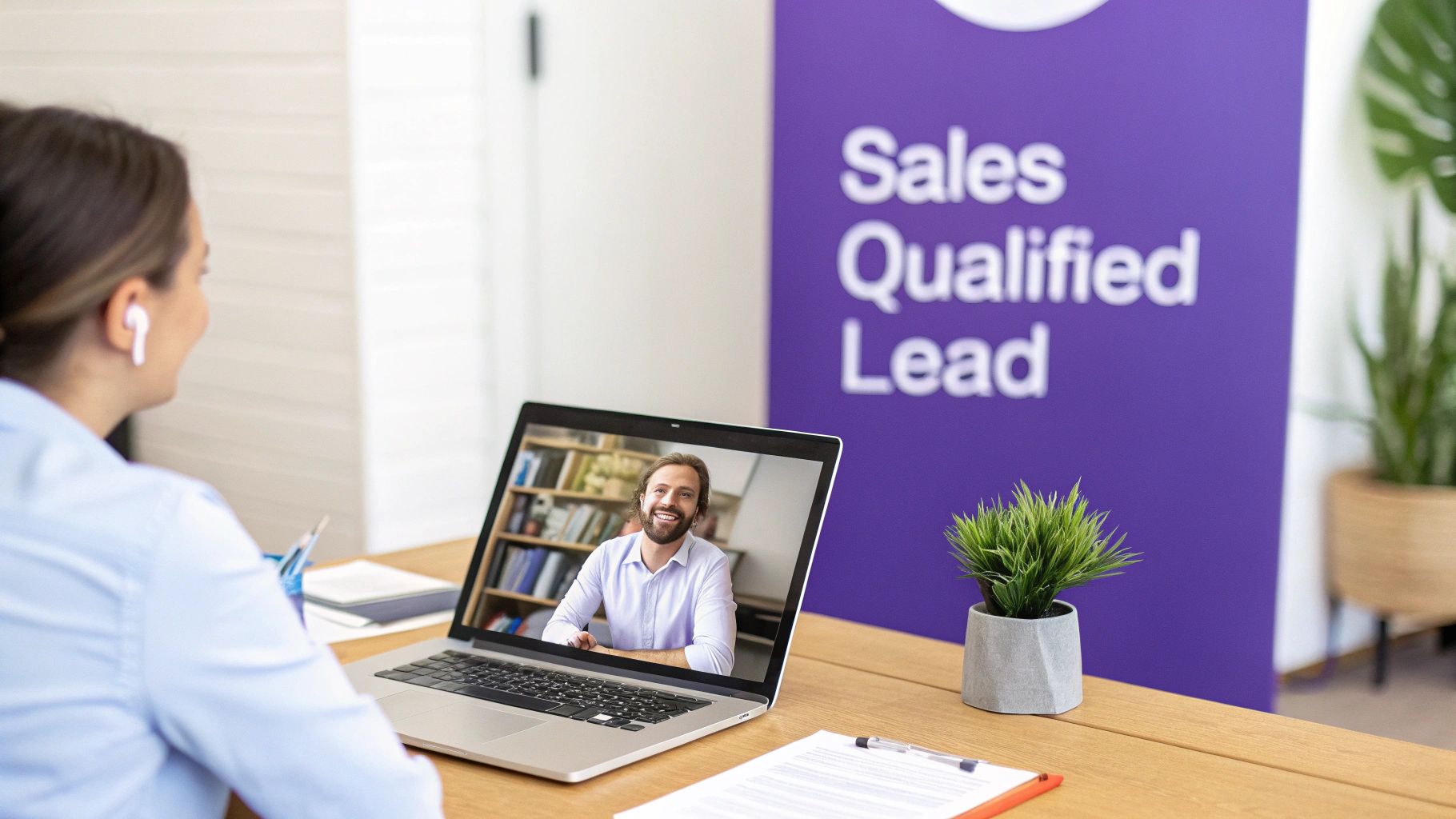 A sales team collaborating on qualifying leads in a modern office.