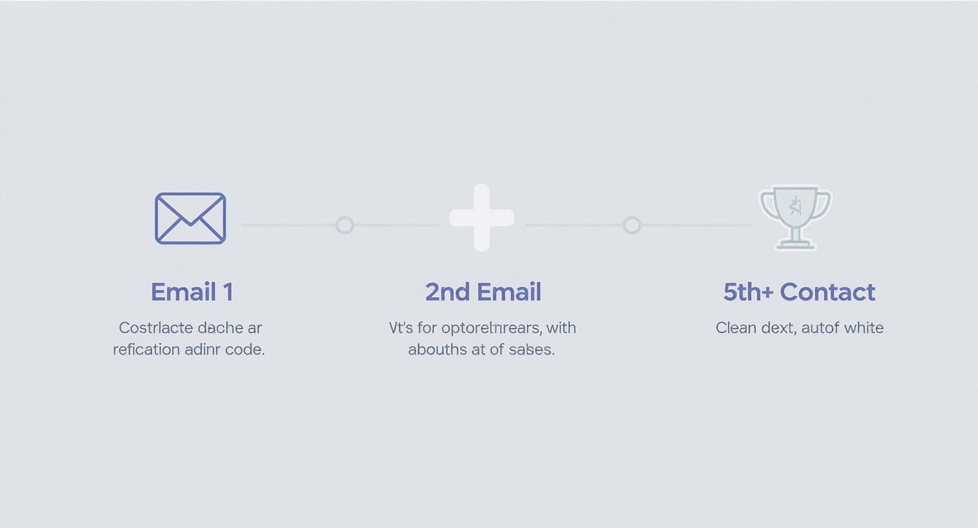 A three-step diagram illustrating an email follow-up and contact sequence with distinct milestones.