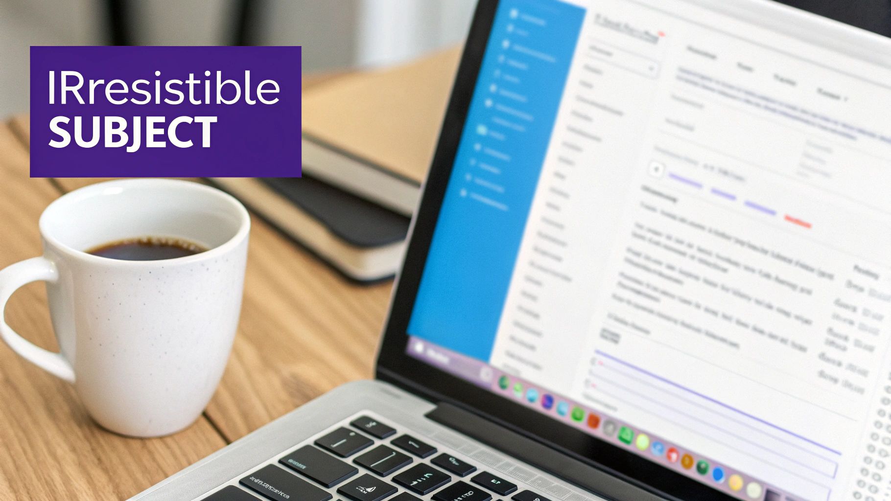 A white coffee mug on a wooden desk next to a laptop displaying content, with a purple box reading 'IRresistible SUBJECT'.