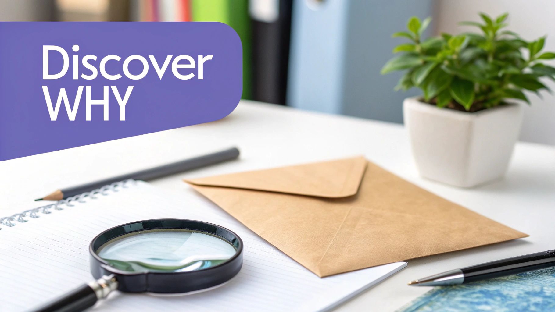 A desk scene with a 'Discover WHY' banner, magnifying glass, an envelope, and office supplies.