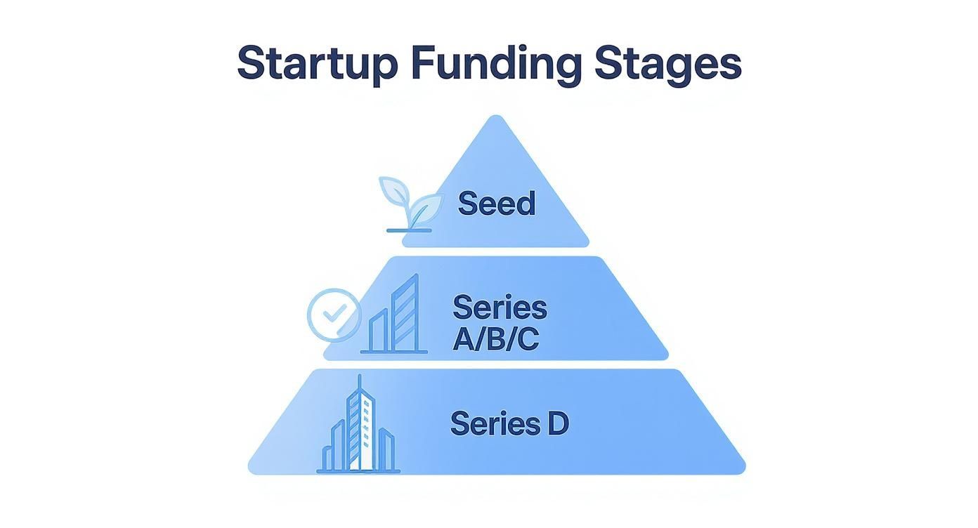 A pyramid diagram illustrates the startup funding stages: Seed, Series A/B/C, and Series D.