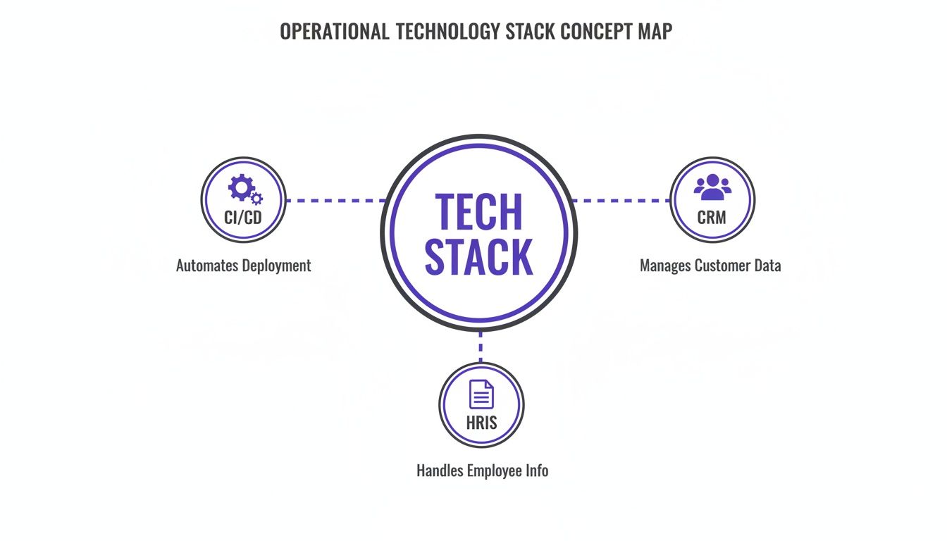 Concept map illustrating an operational technology stack with CI/CD, CRM, and HRIS components.