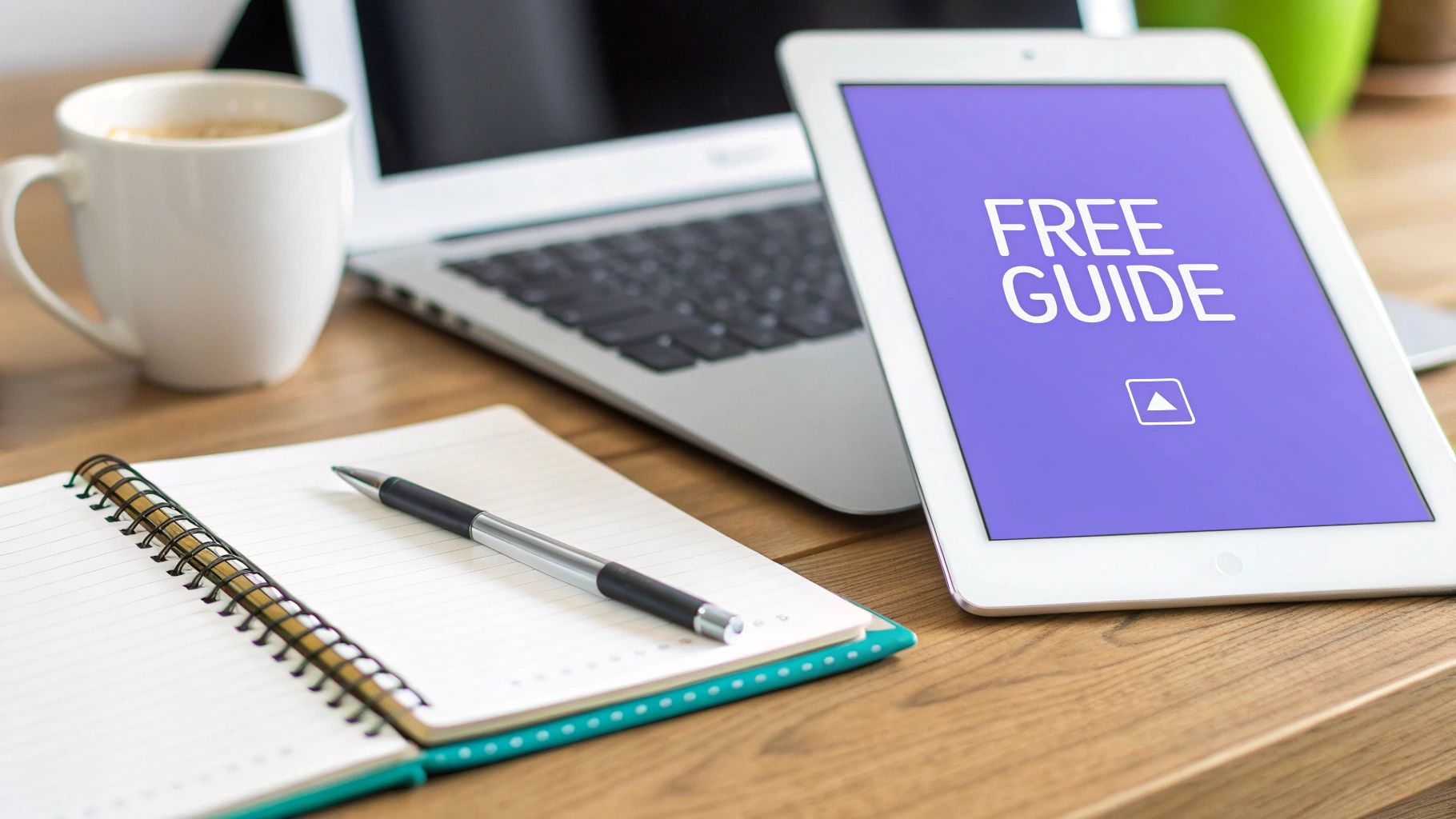 Tablet displaying free guide text on desk with laptop, coffee cup, and notebook