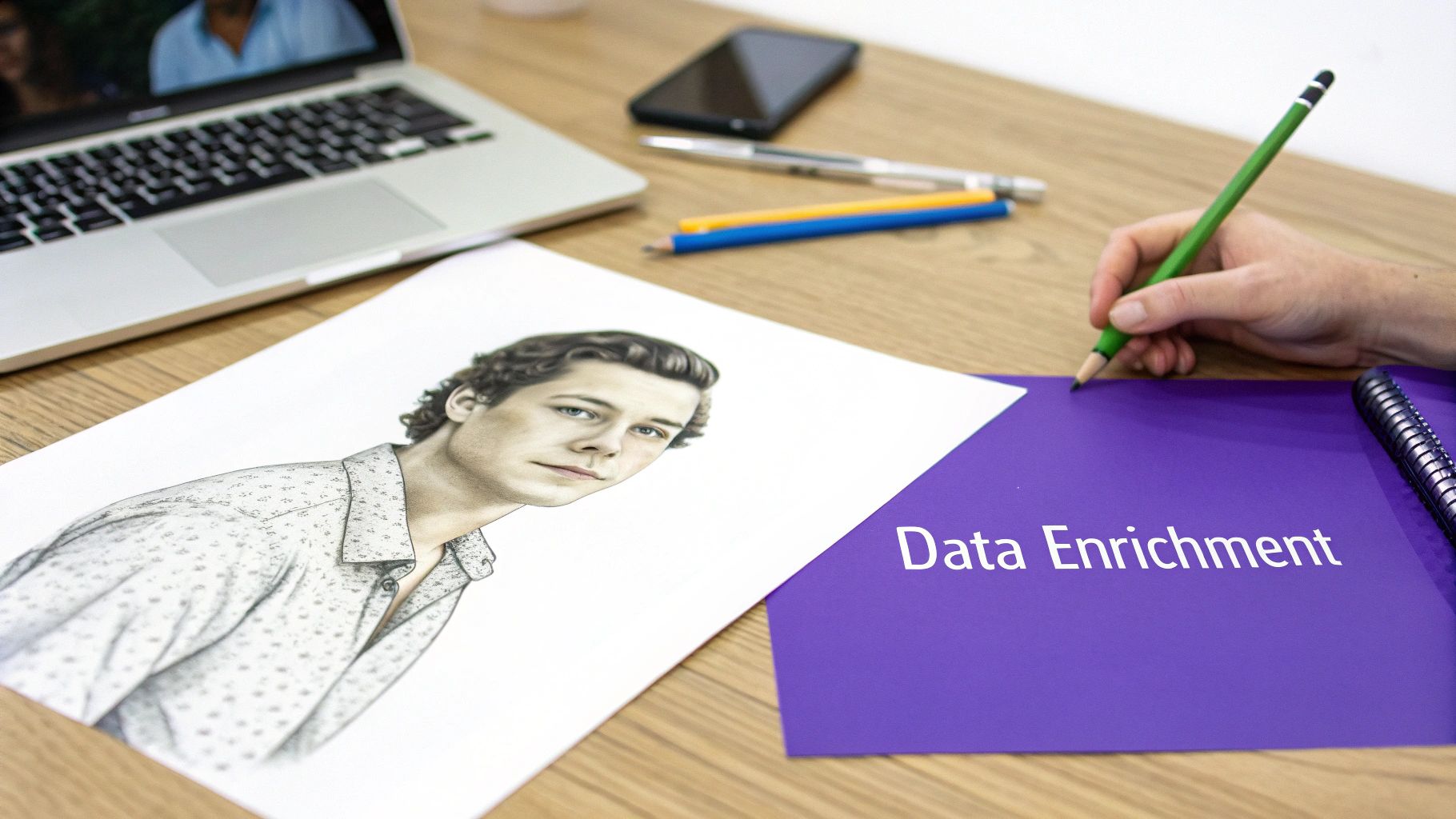 A visual representation of data enrichment, showing gears and data icons being processed.