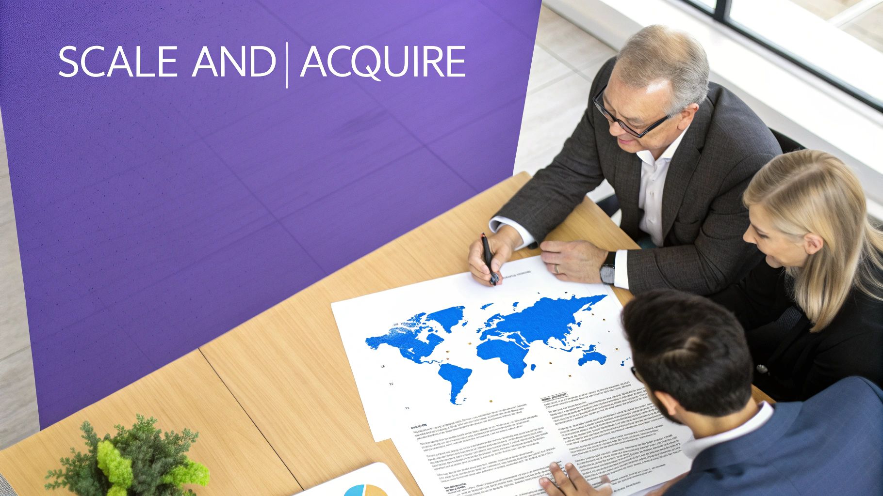 Three business professionals discuss a global map document on a wooden table, with 'SCALE AND ACQUIRE' text visible.