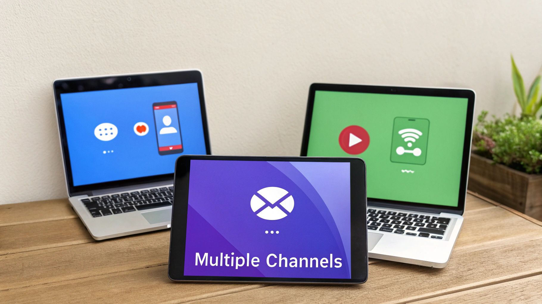 Three electronic devices (two laptops, one tablet) display icons for calls, messages, video, and email, signifying multiple digital channels.