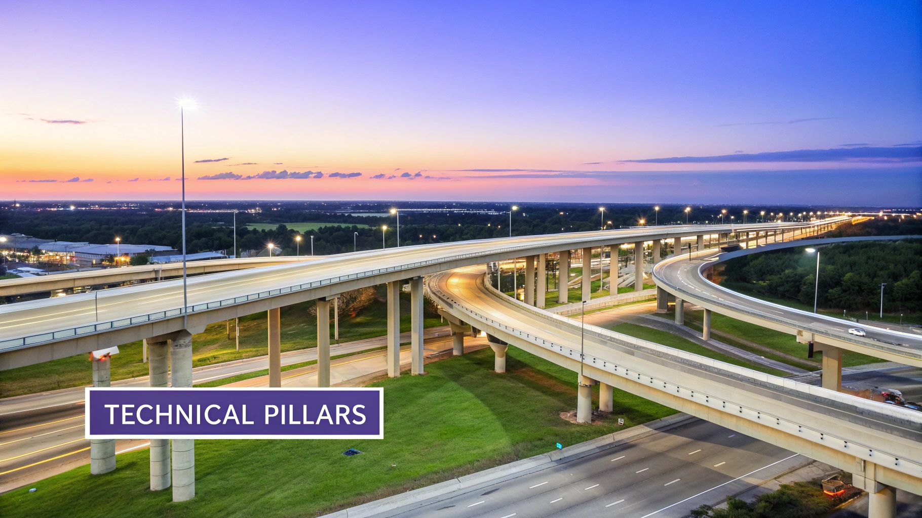Modern highway overpass system with bright streetlights against a colorful twilight sky.