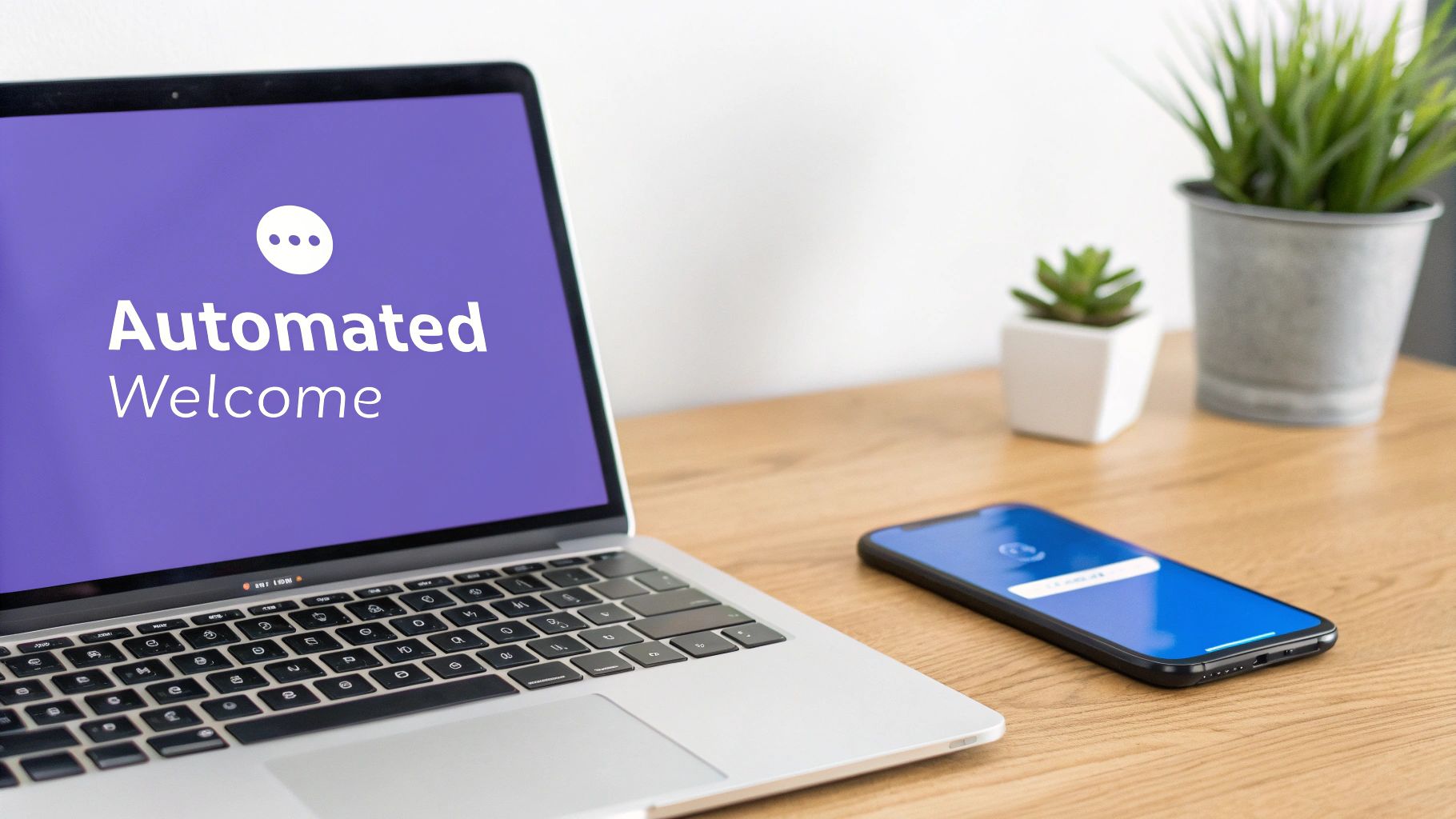 Laptop displaying automated welcome message next to smartphone on wooden desk with plants