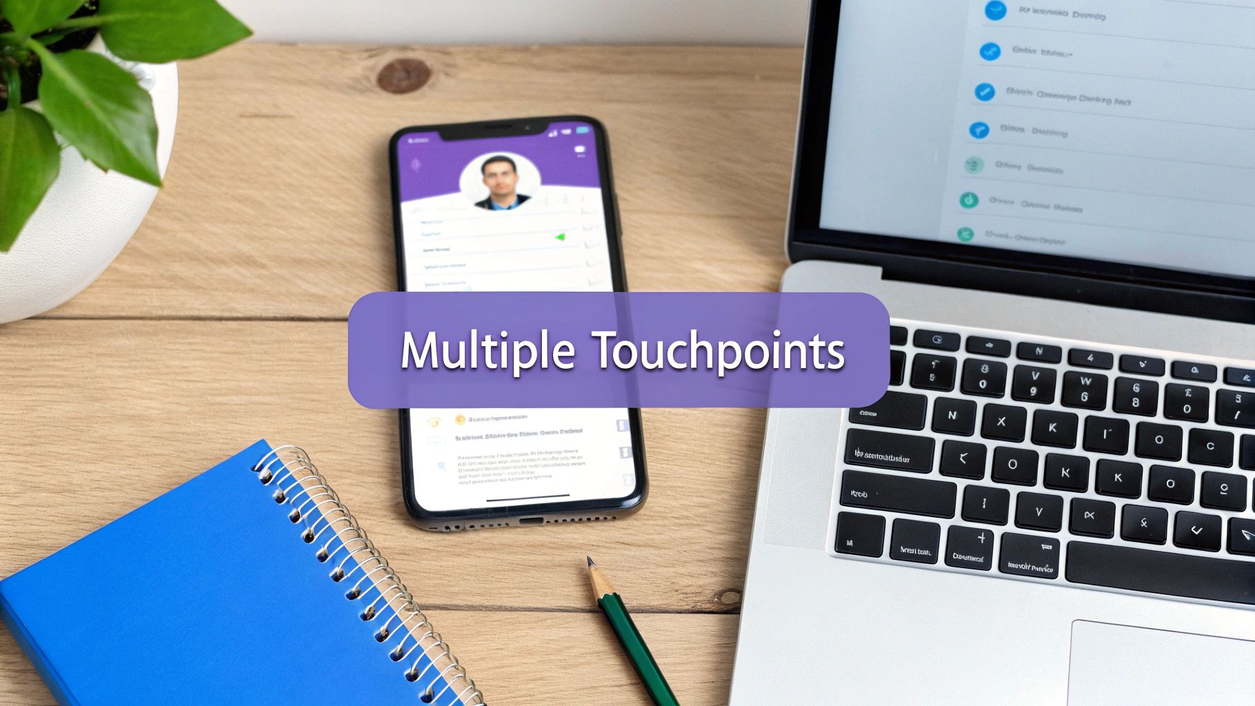 A modern desk setup with a laptop, smartphone, notebook, and pencil, representing digital communication.