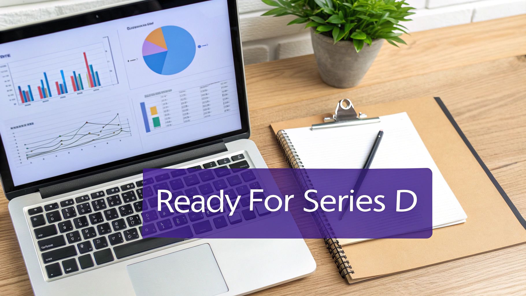 Laptop displaying business charts and graphs on a desk with a notebook, pen, and 'Ready For Series D' overlay.