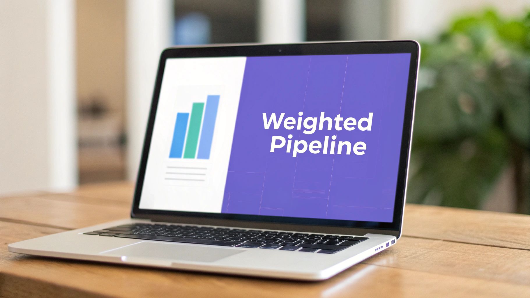 A laptop displaying a 'Weighted Pipeline' sales report with a bar chart on a wooden desk.