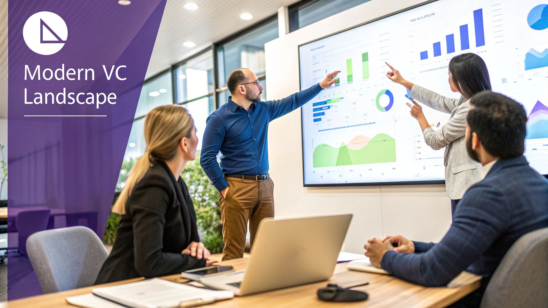 A group of professionals in a modern office discussing investment charts on a screen