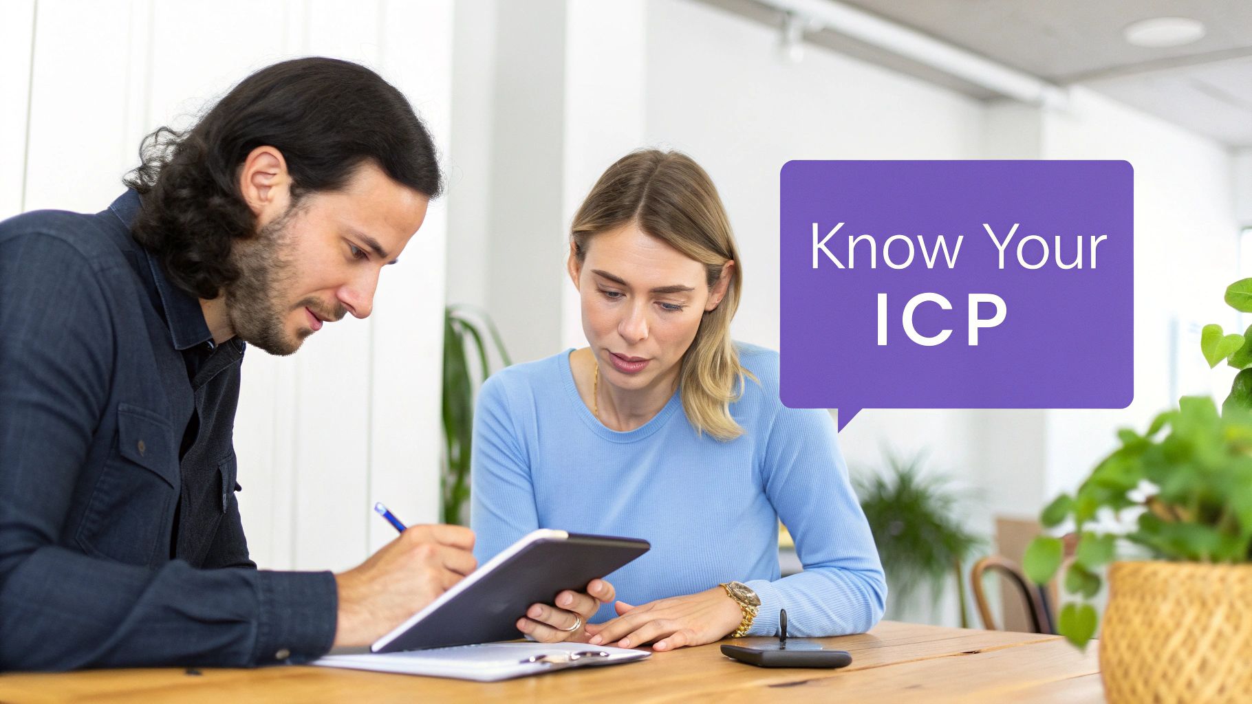 Two business people discussing marketing strategy, with a speech bubble saying "Know Your ICP".