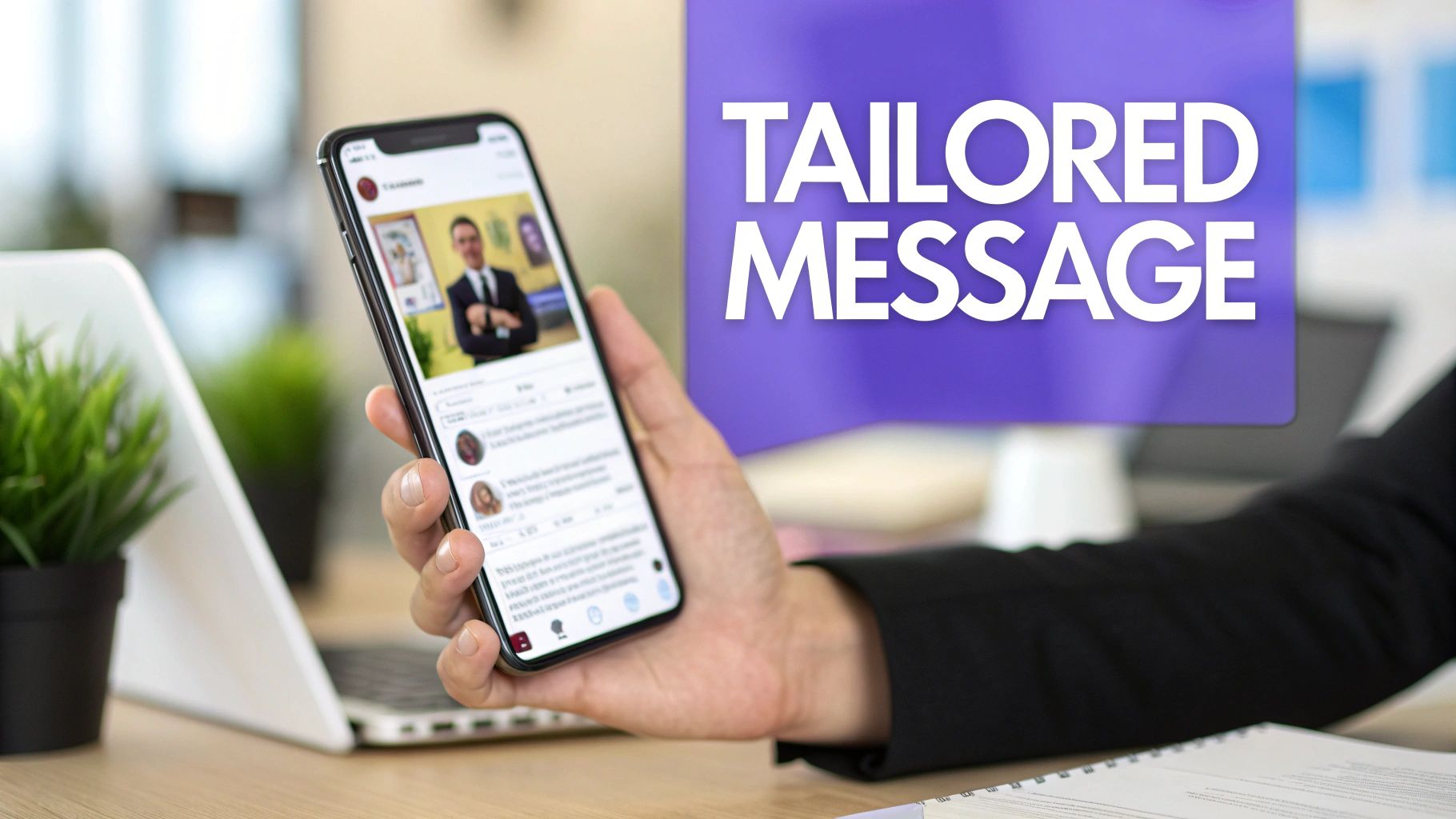A hand holds a smartphone displaying a social media profile next to 'TAILORED MESSAGE' text.