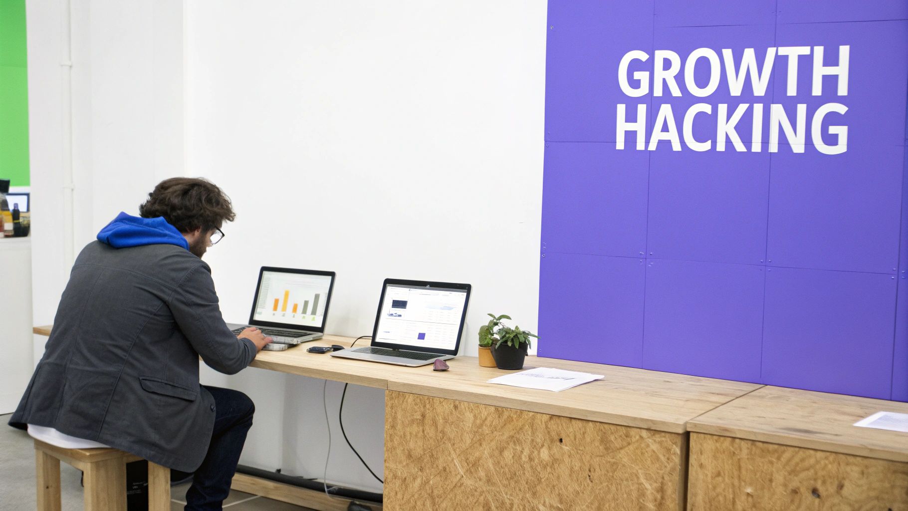 A group of professionals collaborating around a table, analyzing charts and graphs on a laptop, symbolizing data-driven growth hacking strategies.