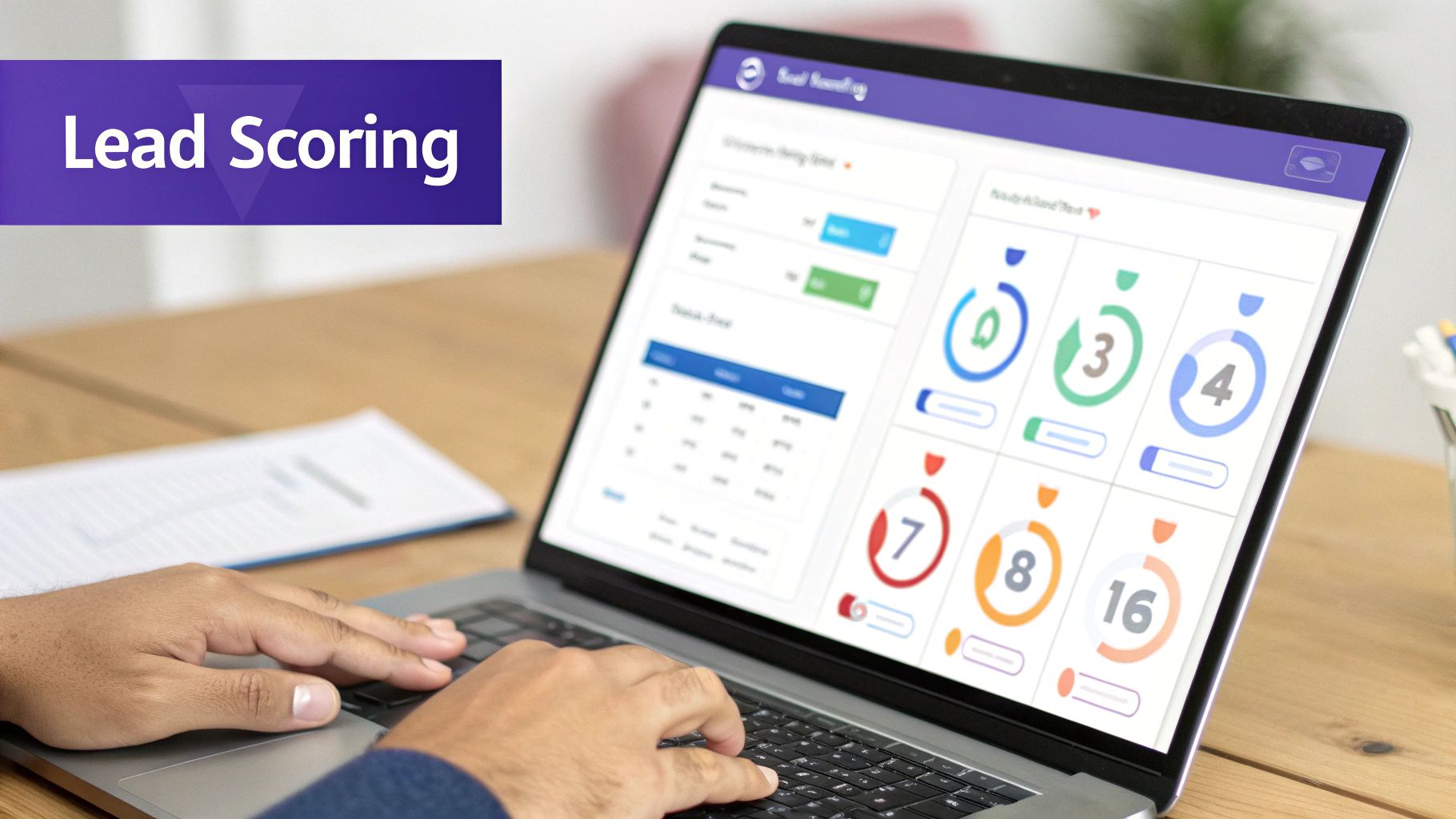 A person at a desk analyzing data on multiple screens to build a lead scoring model.