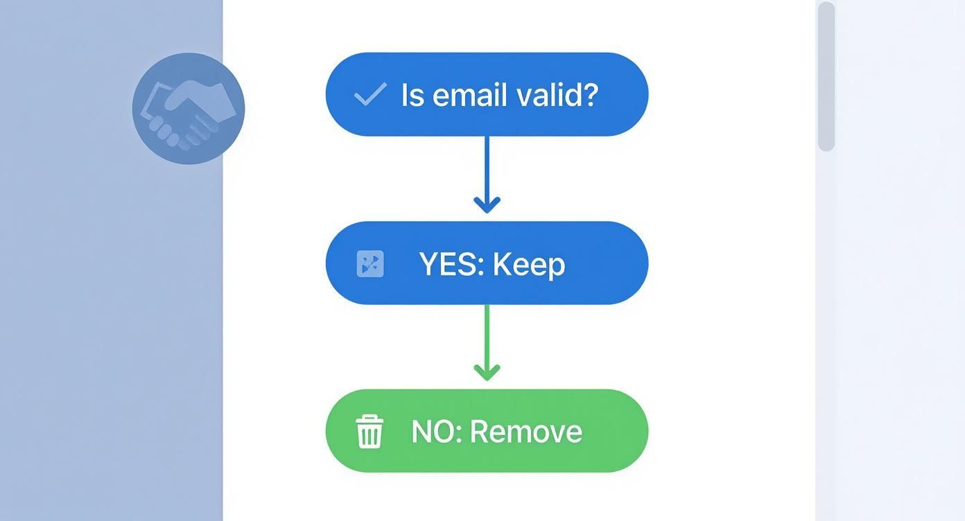Infographic showing a decision tree for an SMTP check, deciding whether to keep or remove an email address.