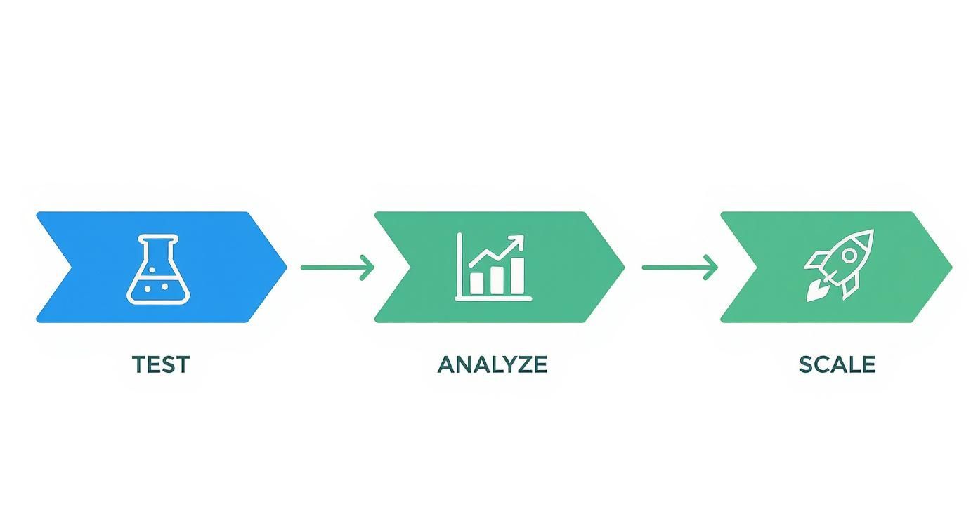 A three-step process diagram illustrating Test (beaker), Analyze (chart), and Scale (rocket) for growth.