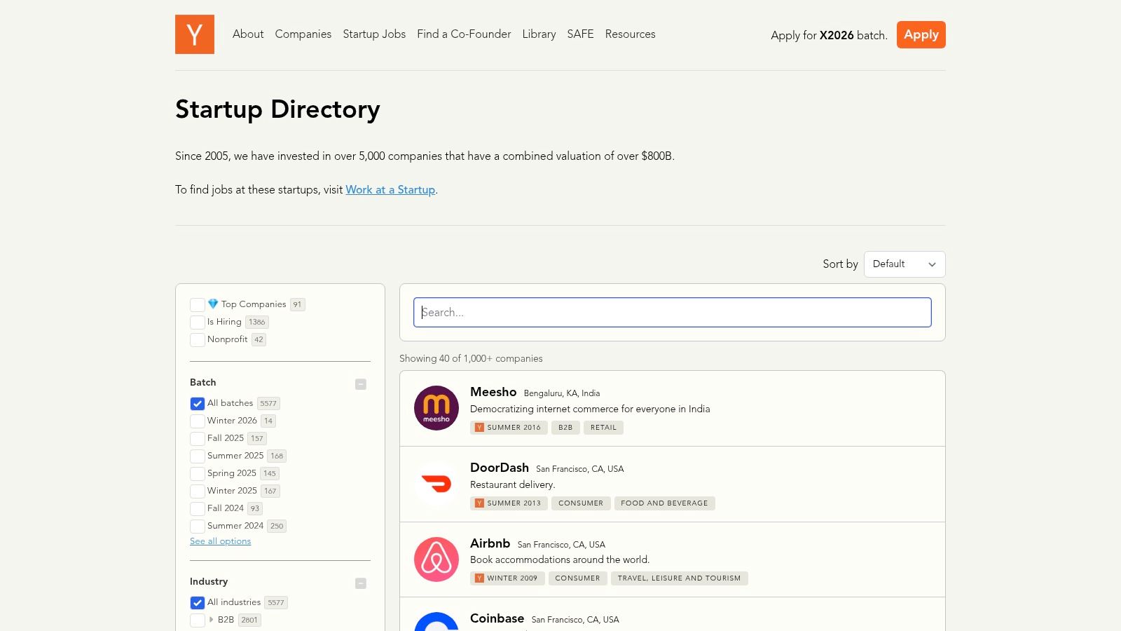 Y Combinator Startup Directory
