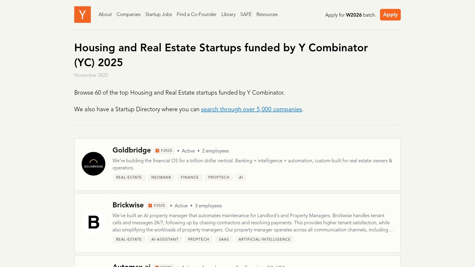 Y Combinator Startup Directory – Housing & Real Estate
