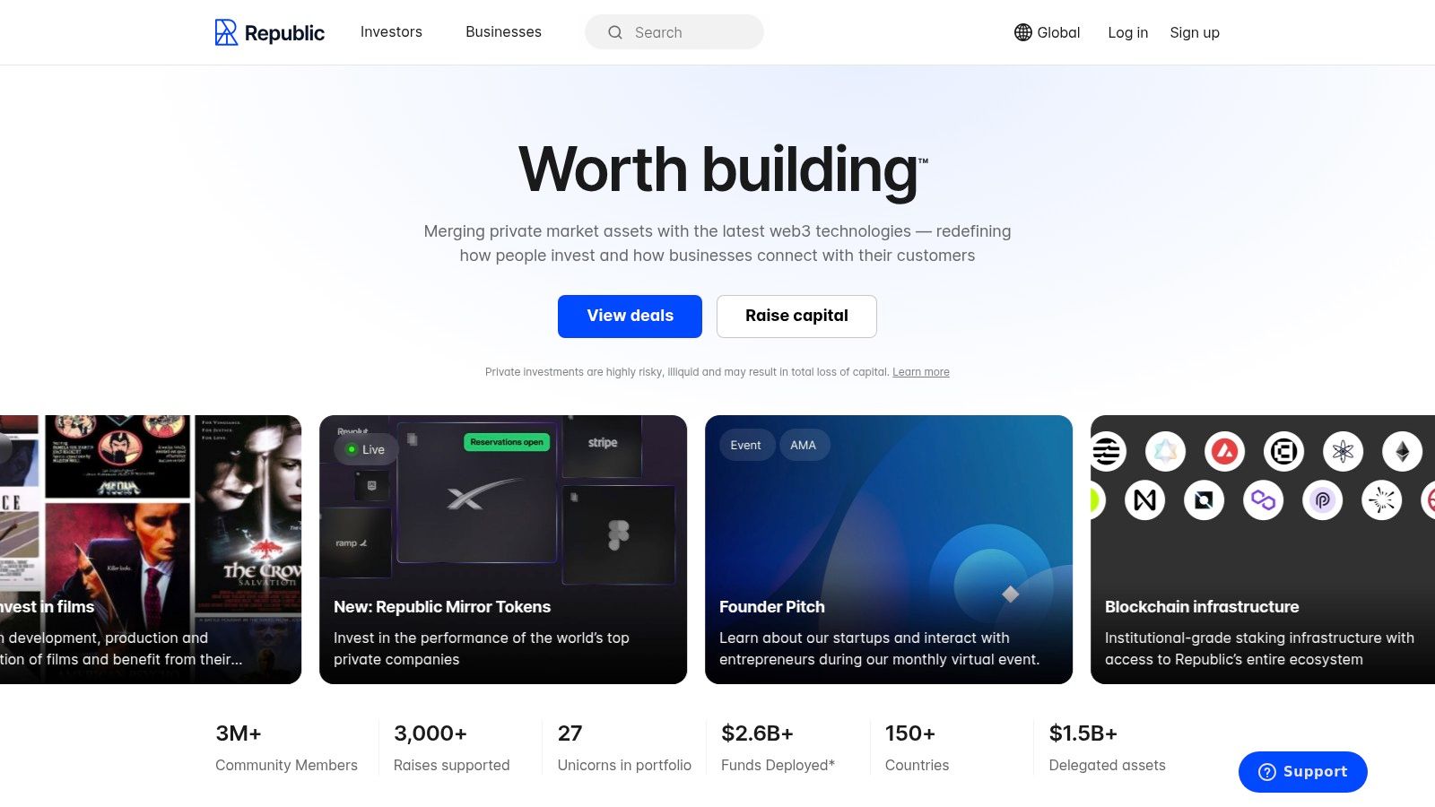 A screenshot of the Republic user interface showing various startup investment opportunities.