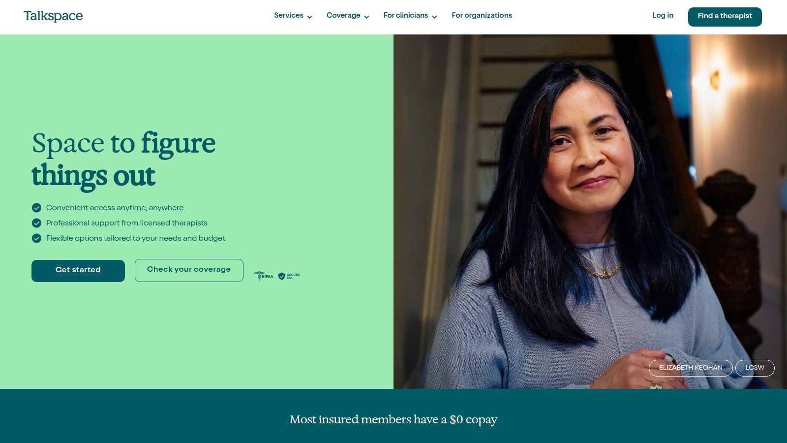 A screenshot of the Talkspace website showcasing their therapy and psychiatry services, with a clean and welcoming interface.