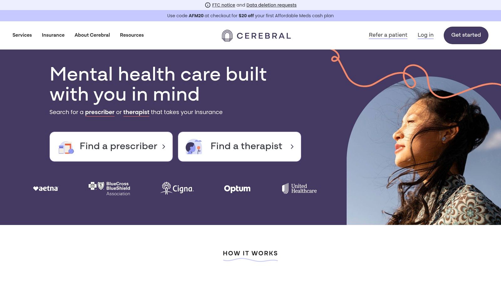 A screenshot of the Cerebral website showing a user-friendly interface for accessing mental health care.