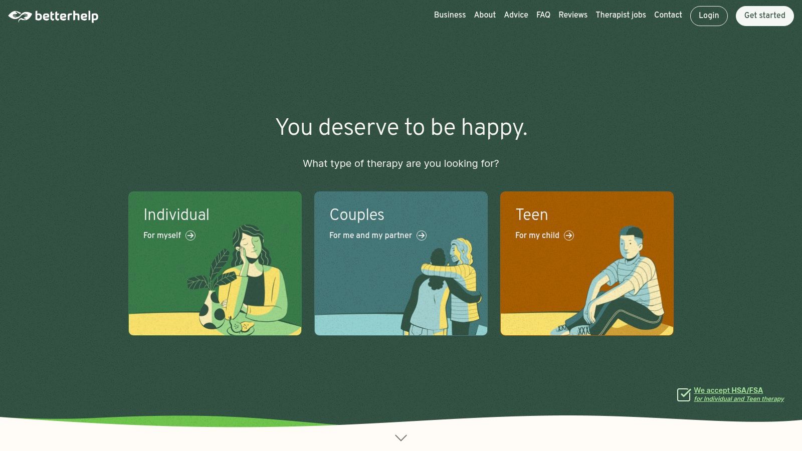 A screenshot of the BetterHelp platform showing various therapy options like video, phone, chat, and messaging.