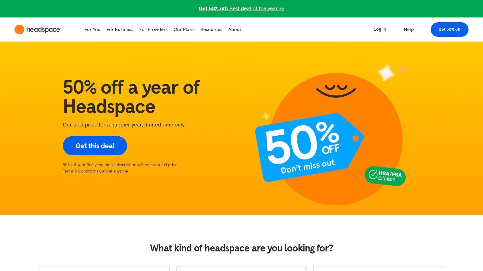 A screenshot of the Headspace app showing its clean, user-friendly interface with options for meditation, sleep, and focus content.
