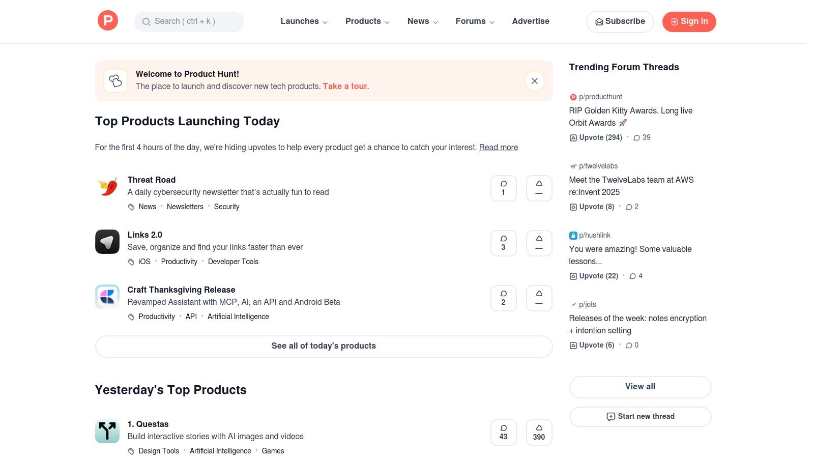 A screenshot of the Product Hunt website showing a daily leaderboard of new tech products.