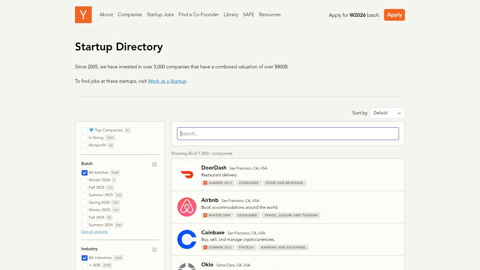Y Combinator Startup Directory