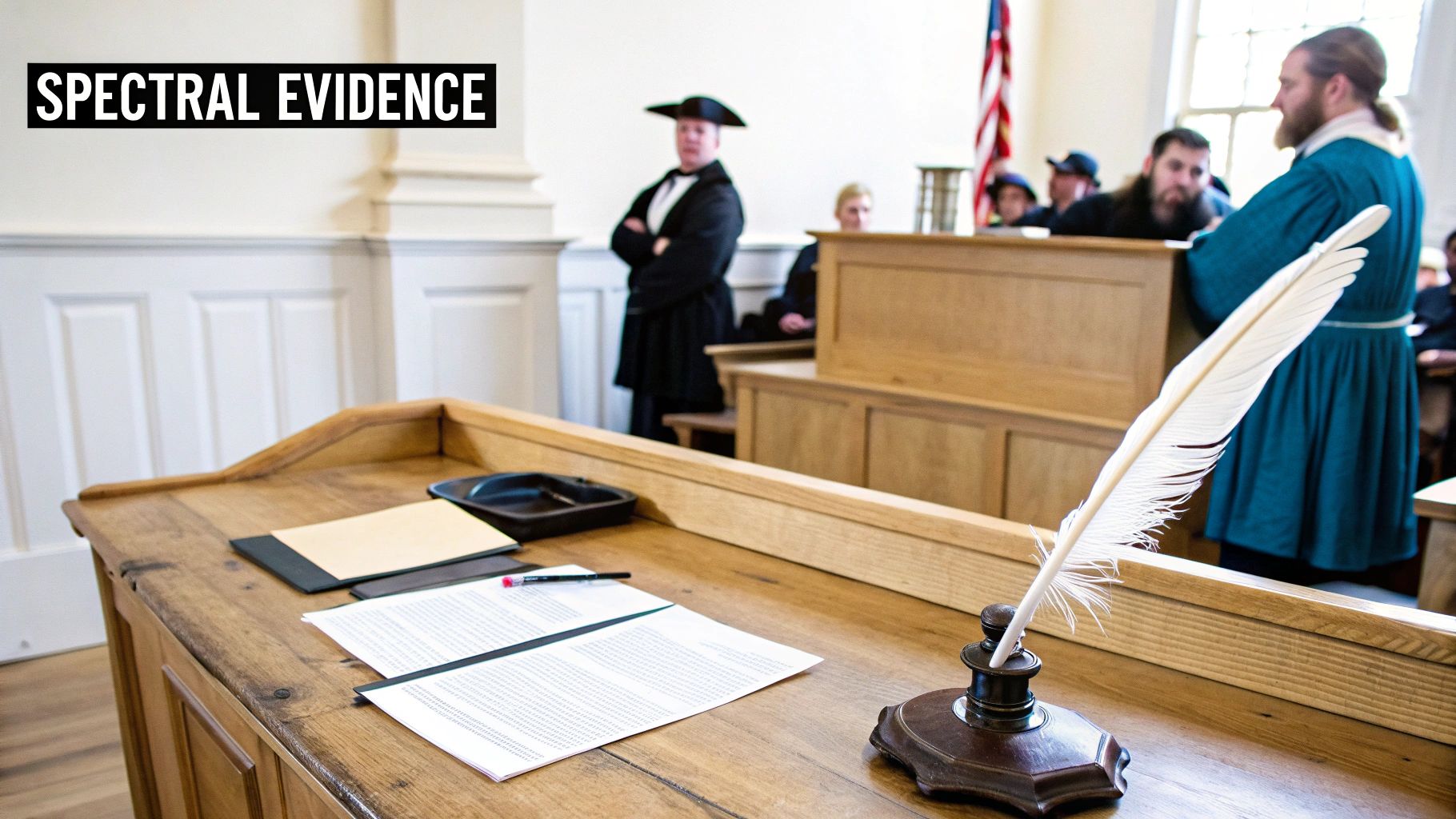 A historical courtroom reenactment with a quill, papers on a wooden desk, and costumed individuals.