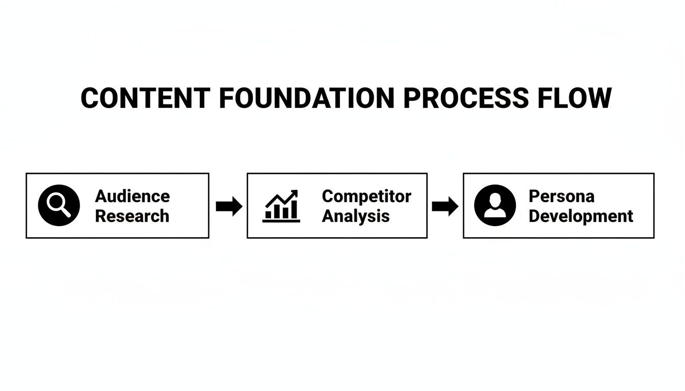 A content foundation process flow diagram showing Audience Research, Competitor Analysis, and Persona Development.