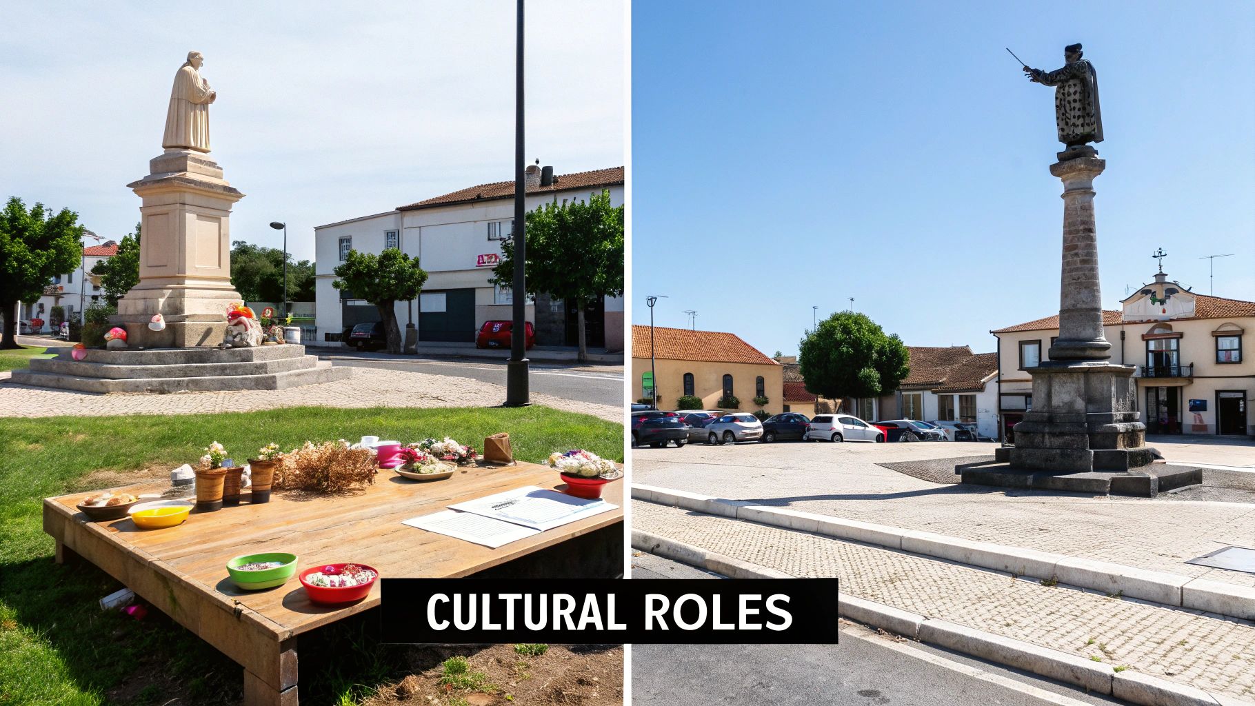Two public squares featuring different statues, one with a cultural display, emphasizing cultural roles.