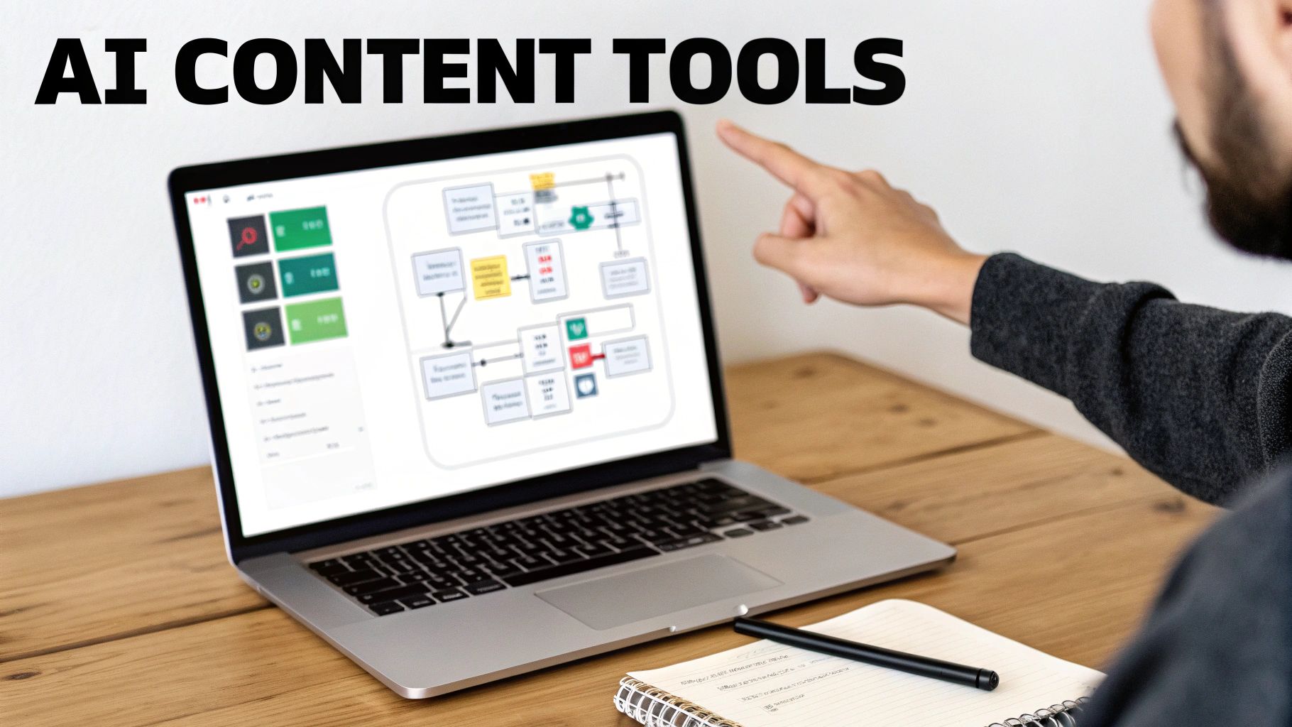 A person points at a laptop screen displaying a content diagram, with 'AI CONTENT TOOLS' text.
