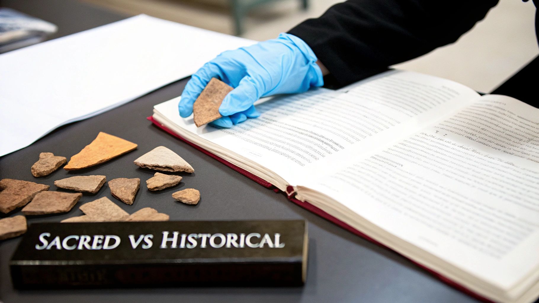 Gloved hand holds pottery shard over an open book, surrounded by artifacts and a 'Sacred vs Historical' sign.