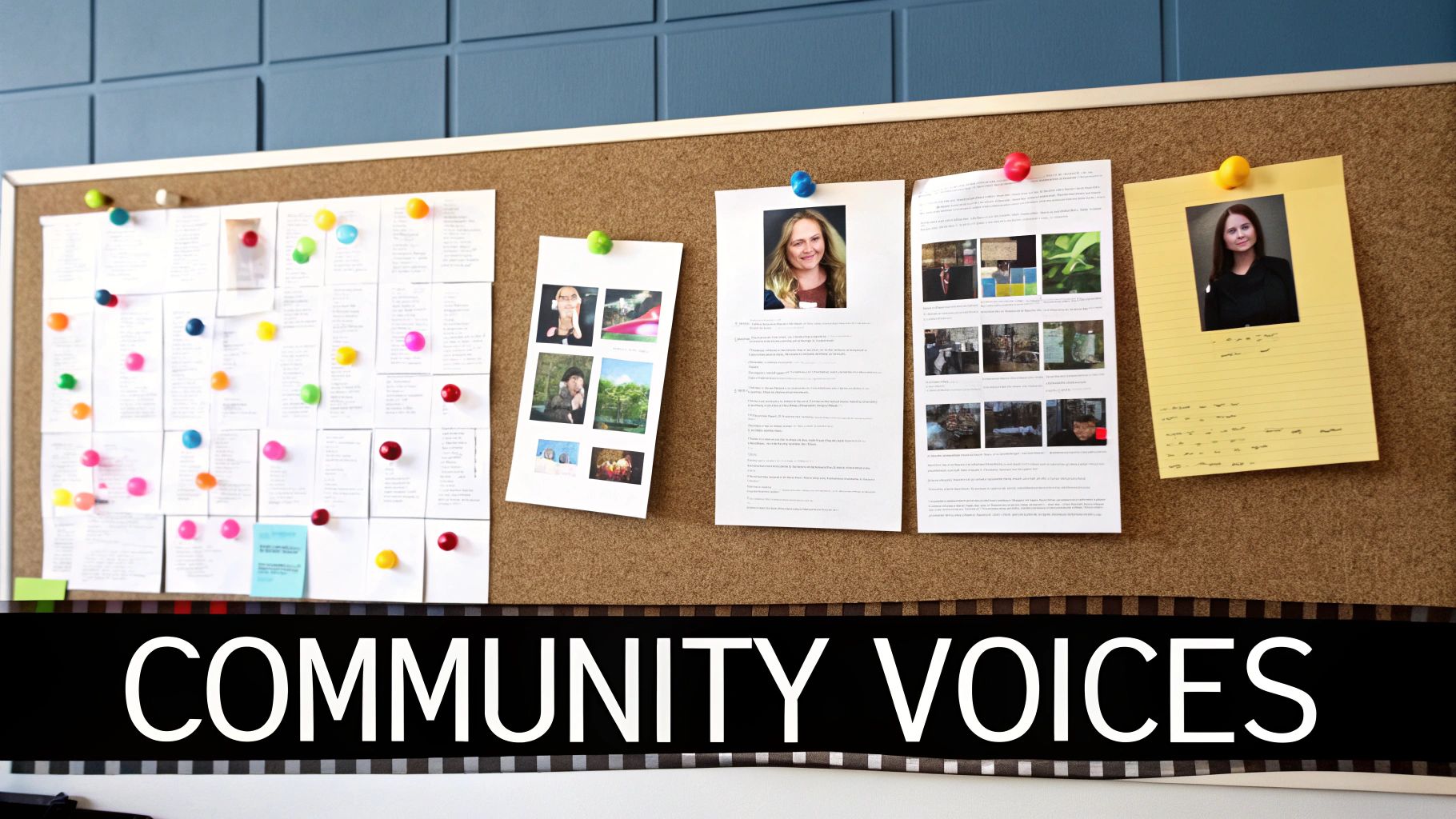 A cork board filled with various documents, photos of people, and colorful pushpins under a 'COMMUNITY VOICES' banner.