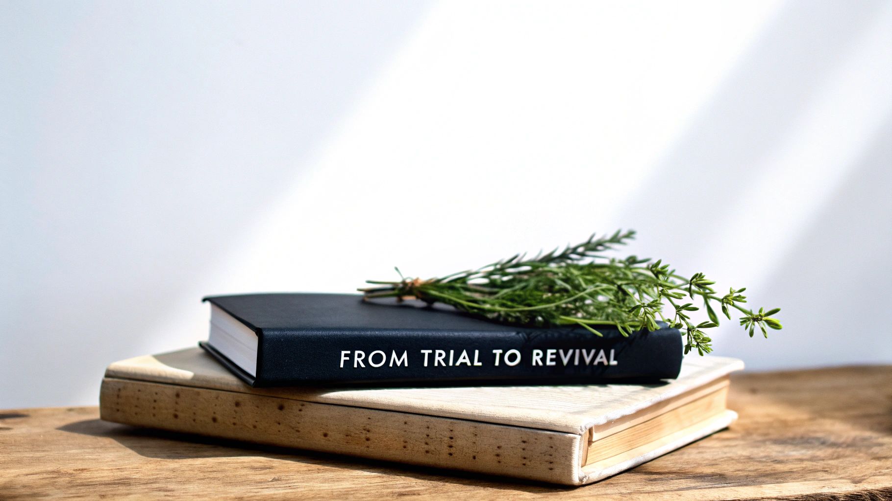 A black book titled 'FROM TRIAL TO REVIVAL' with fresh green herbs on a lighter book, on wood.