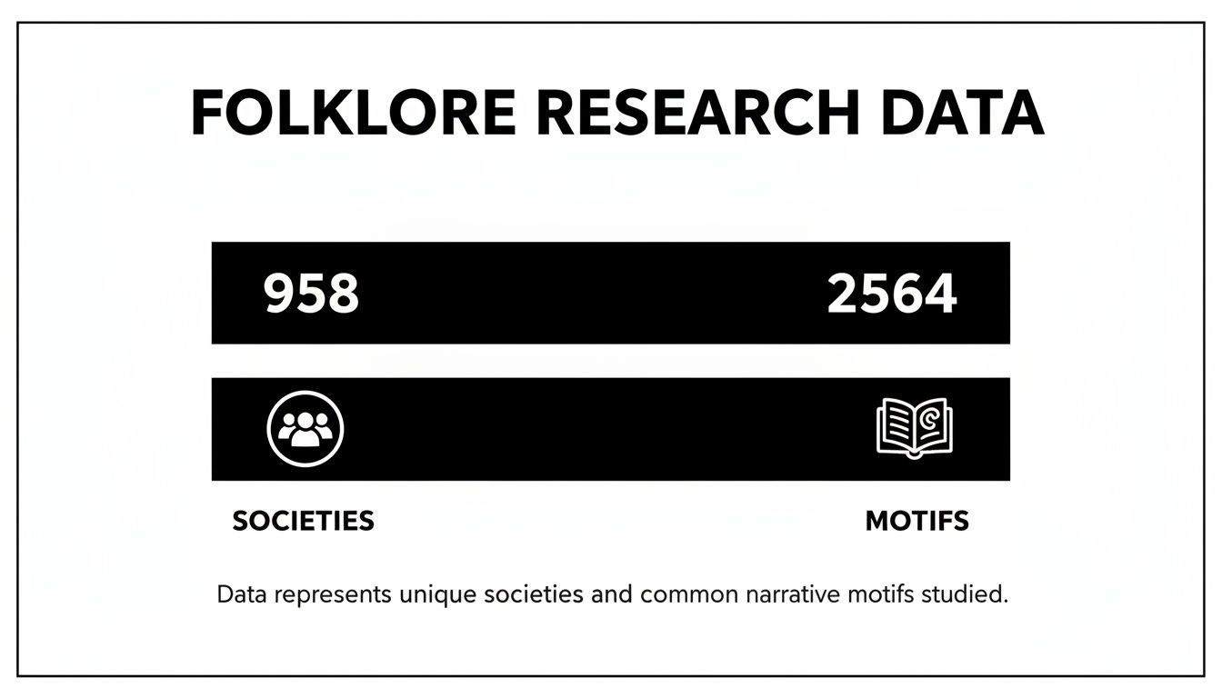 An infographic displaying folklore research data, showing 958 societies and 2564 narrative motifs studied.