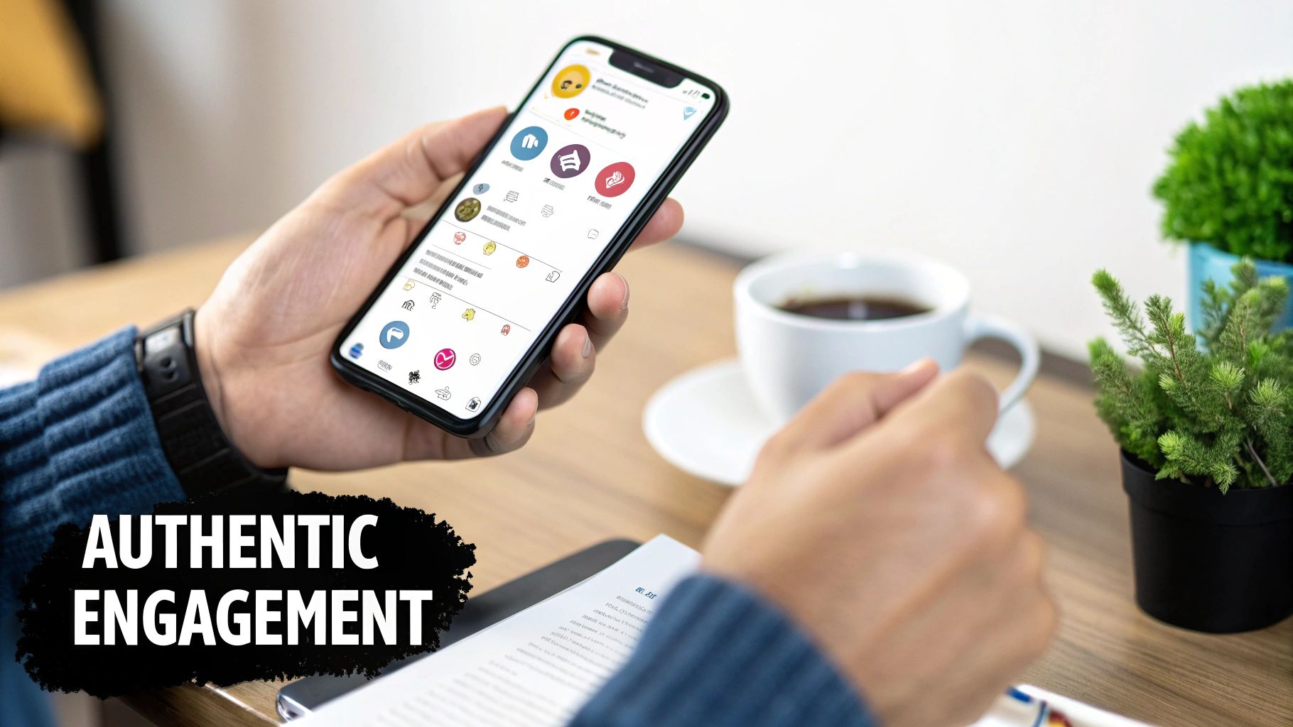Hands holding a smartphone displaying a social media app, with coffee and plants on a desk.