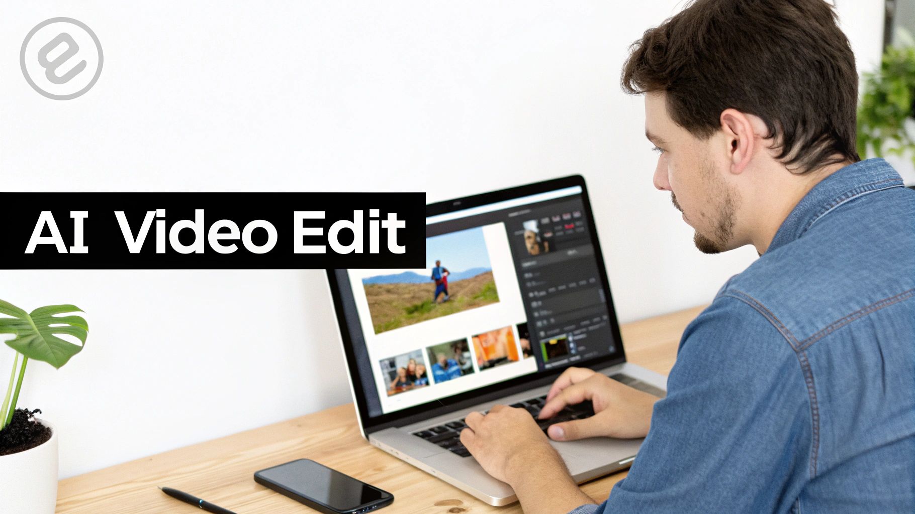 A man in a denim shirt using a laptop to edit videos, with an 'AI Video Edit' overlay.
