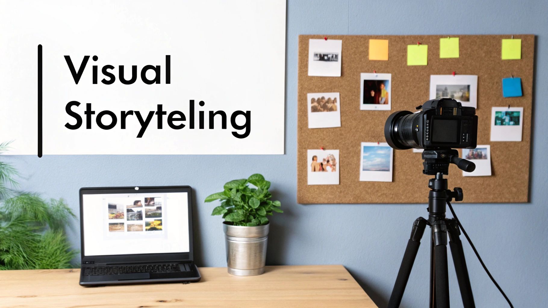 A creative workspace featuring a camera, laptop, and a whiteboard with 'Visual Storytelling'.