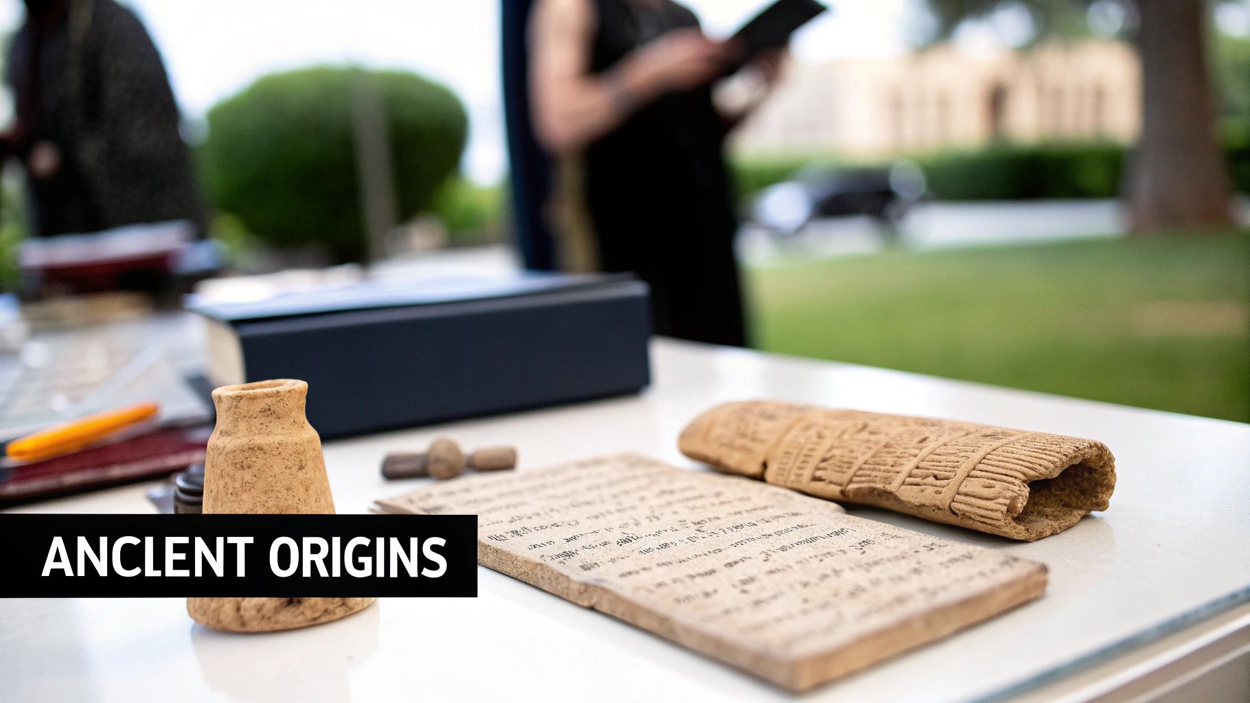 Ancient clay artifacts including a written tablet, a scroll, and a small vase on a white table.