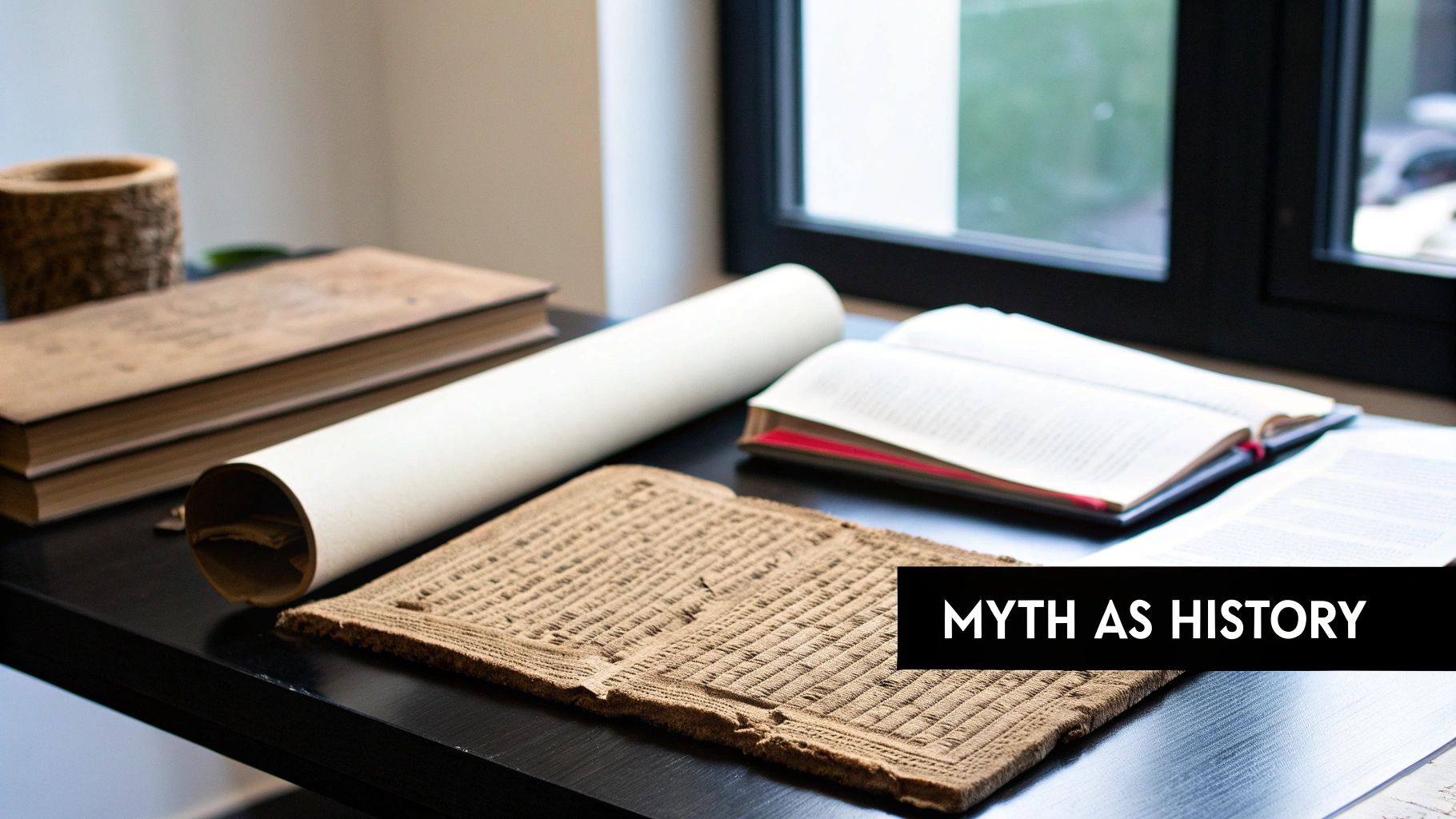 An academic setting with ancient books, a scroll, and a textured tablet, conveying 'Myth as History' research.